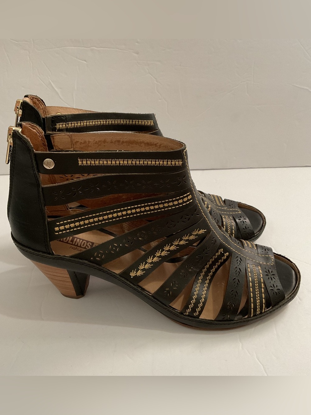 Pikolinos Java Leather Heels Sandals Strappy Black Stitch 2” Heel EU 41 / US 10